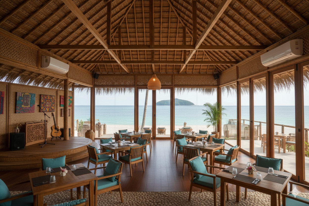 Onge Cafe interior with ocean view, art and music